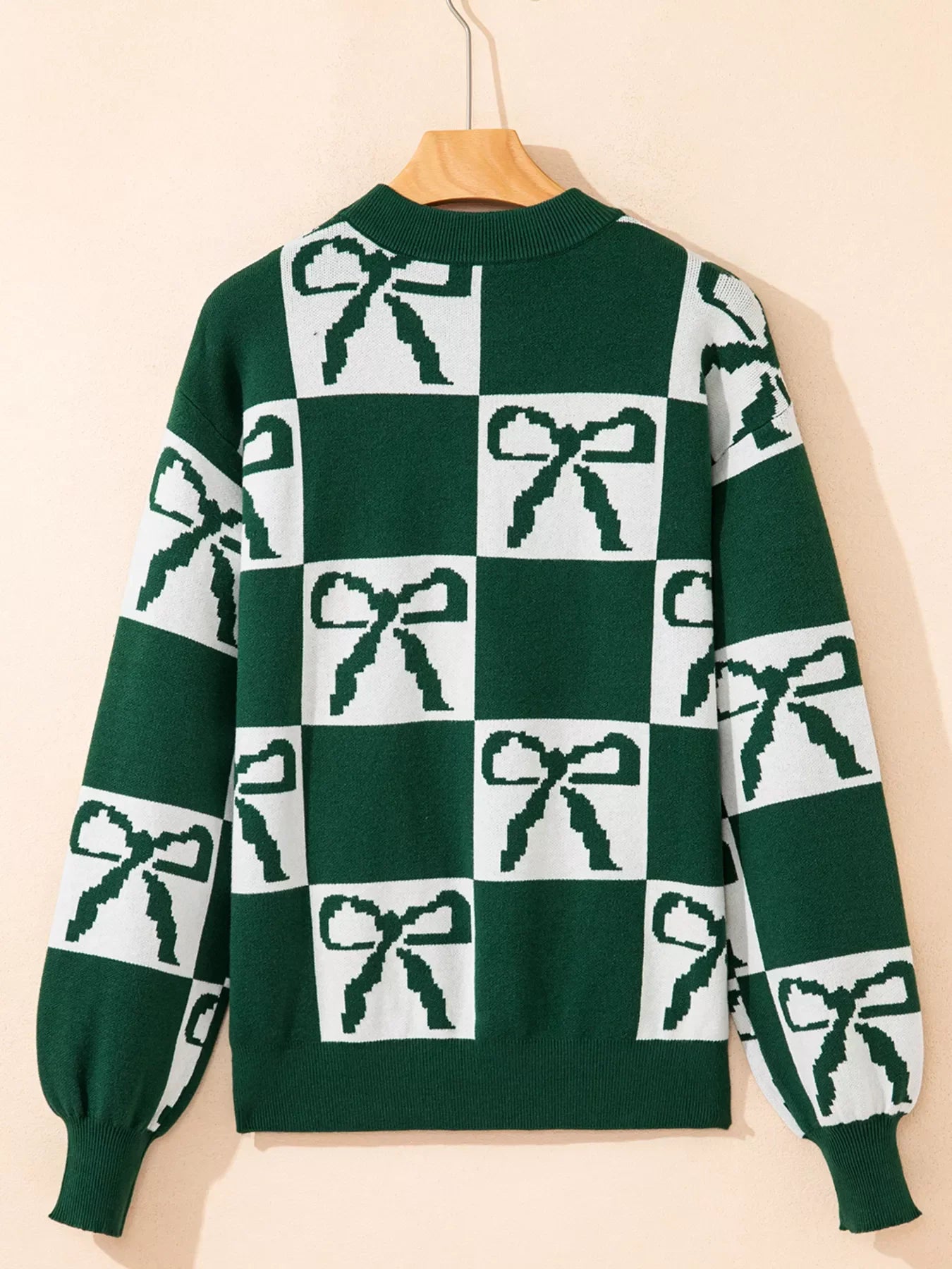 Checkered Bow Round Neck Casual Sweater