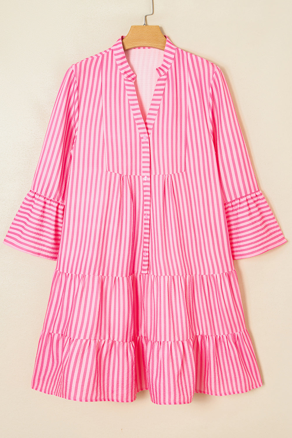 Stripe V-Neck Flare Sleeve Tiered Mini Dress