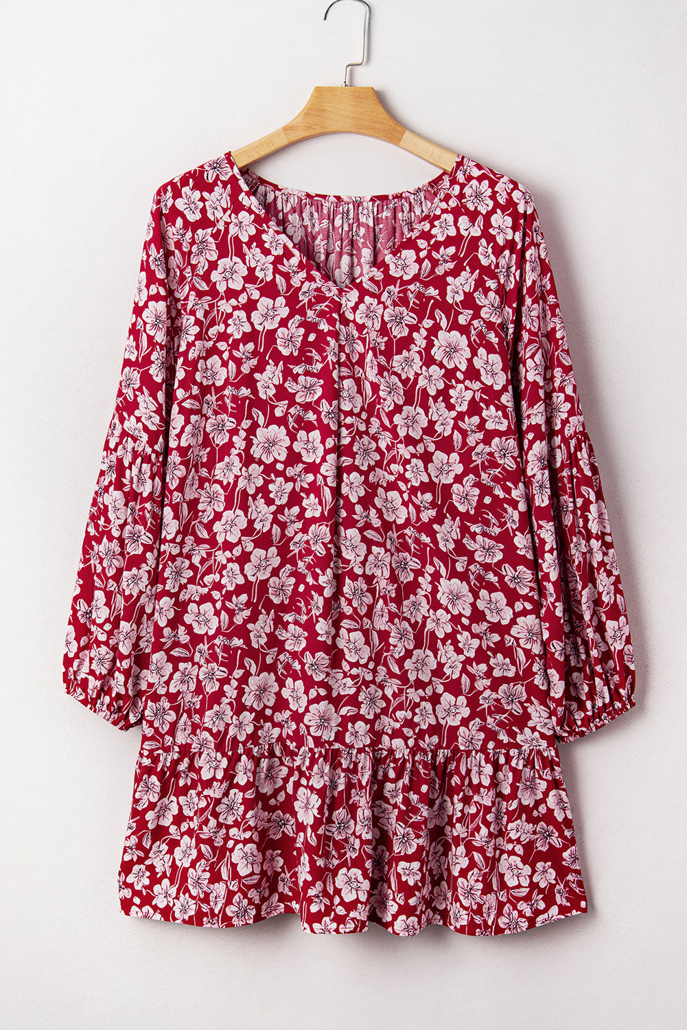 Plus Size Floral Balloon Sleeve V-Neck Mini Dress