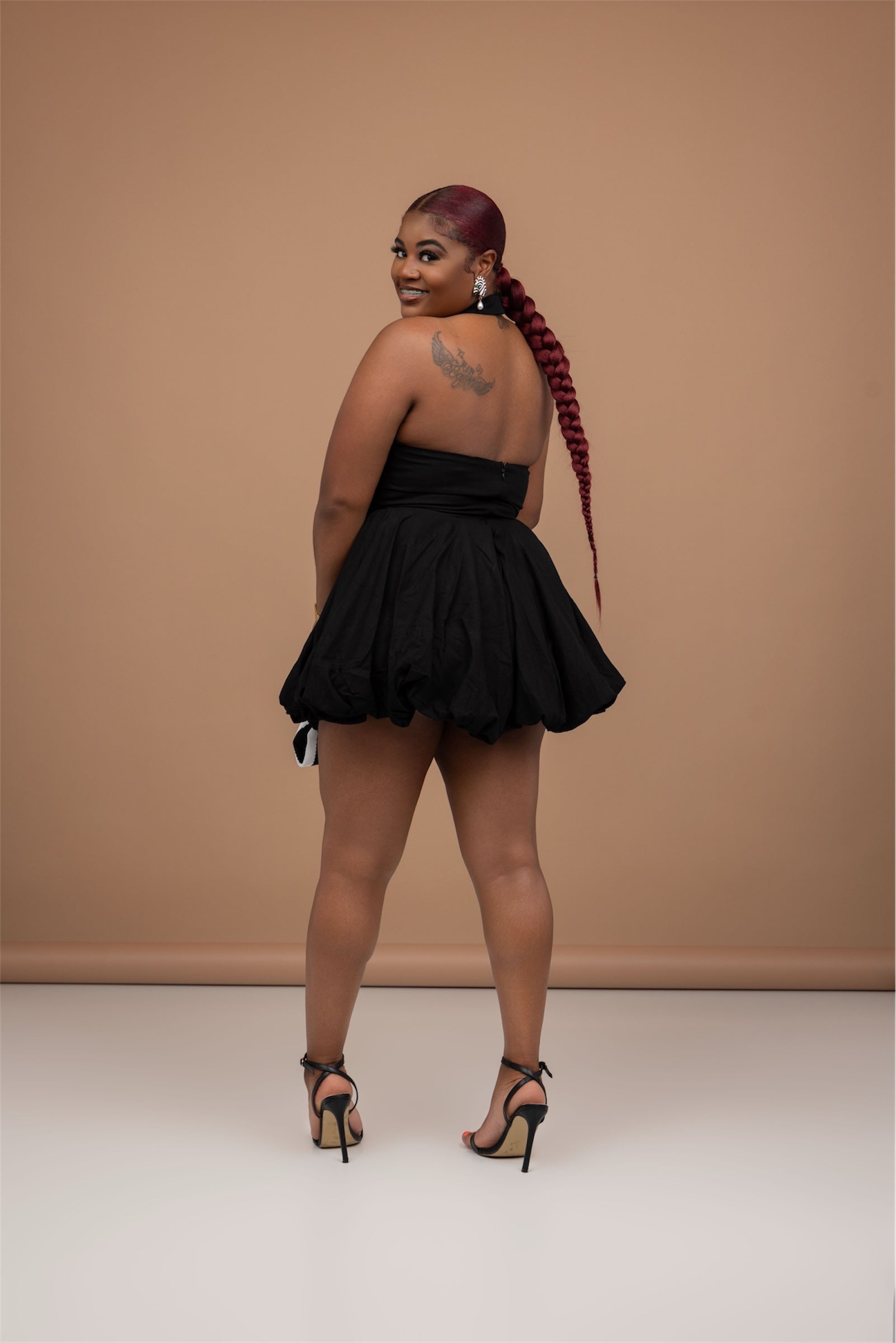 Black Bubble Hem Linen Halter Dress