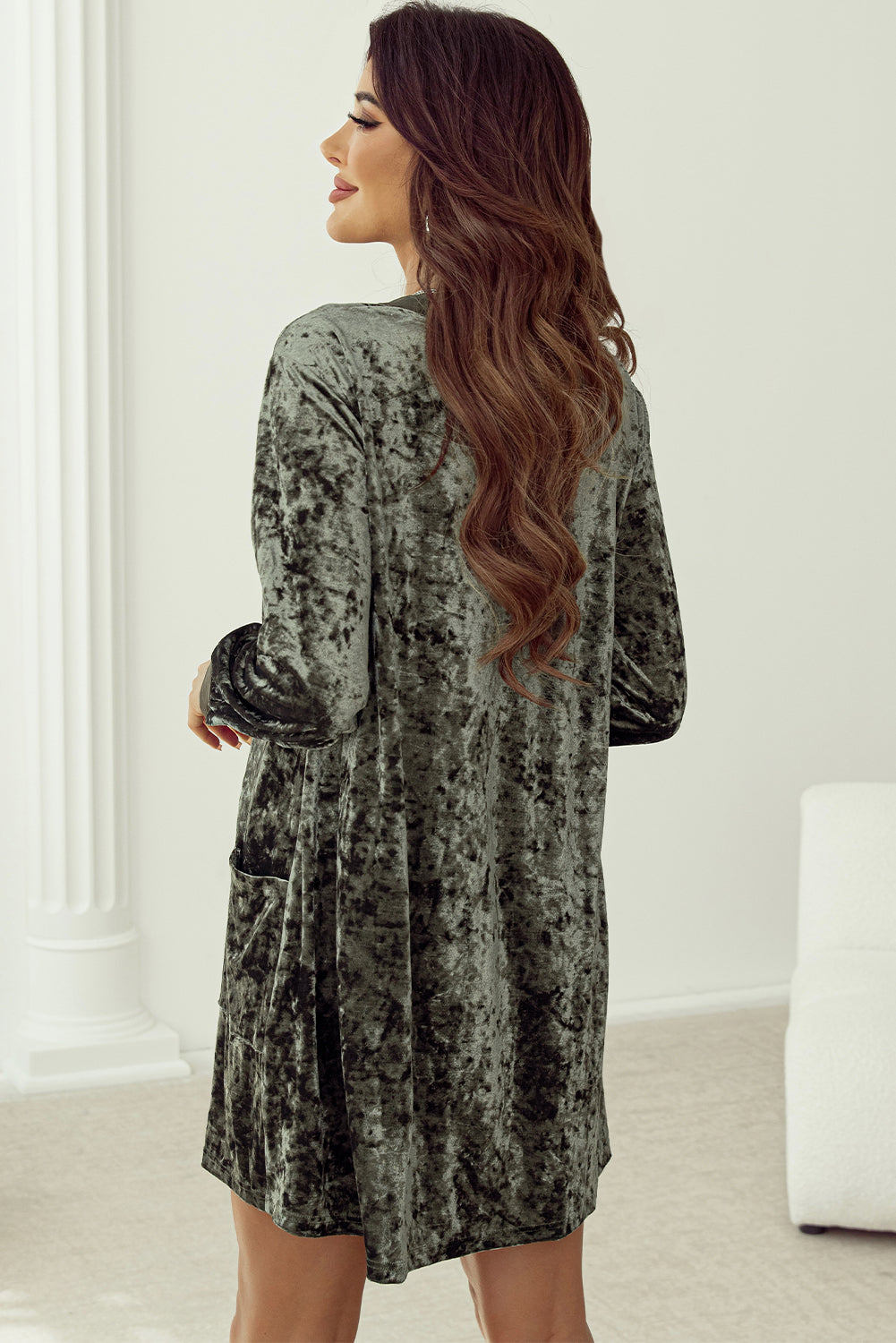 Velvet Long Sleeve V-Neck Side Pocket Dress