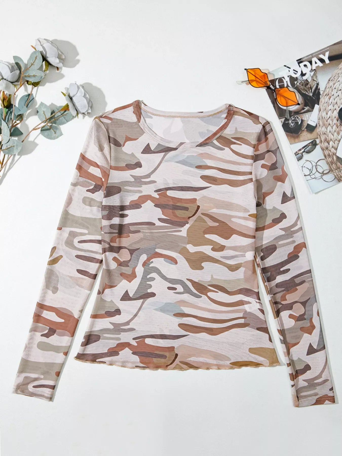 Camouflage Print Mesh Long Sleeve Top