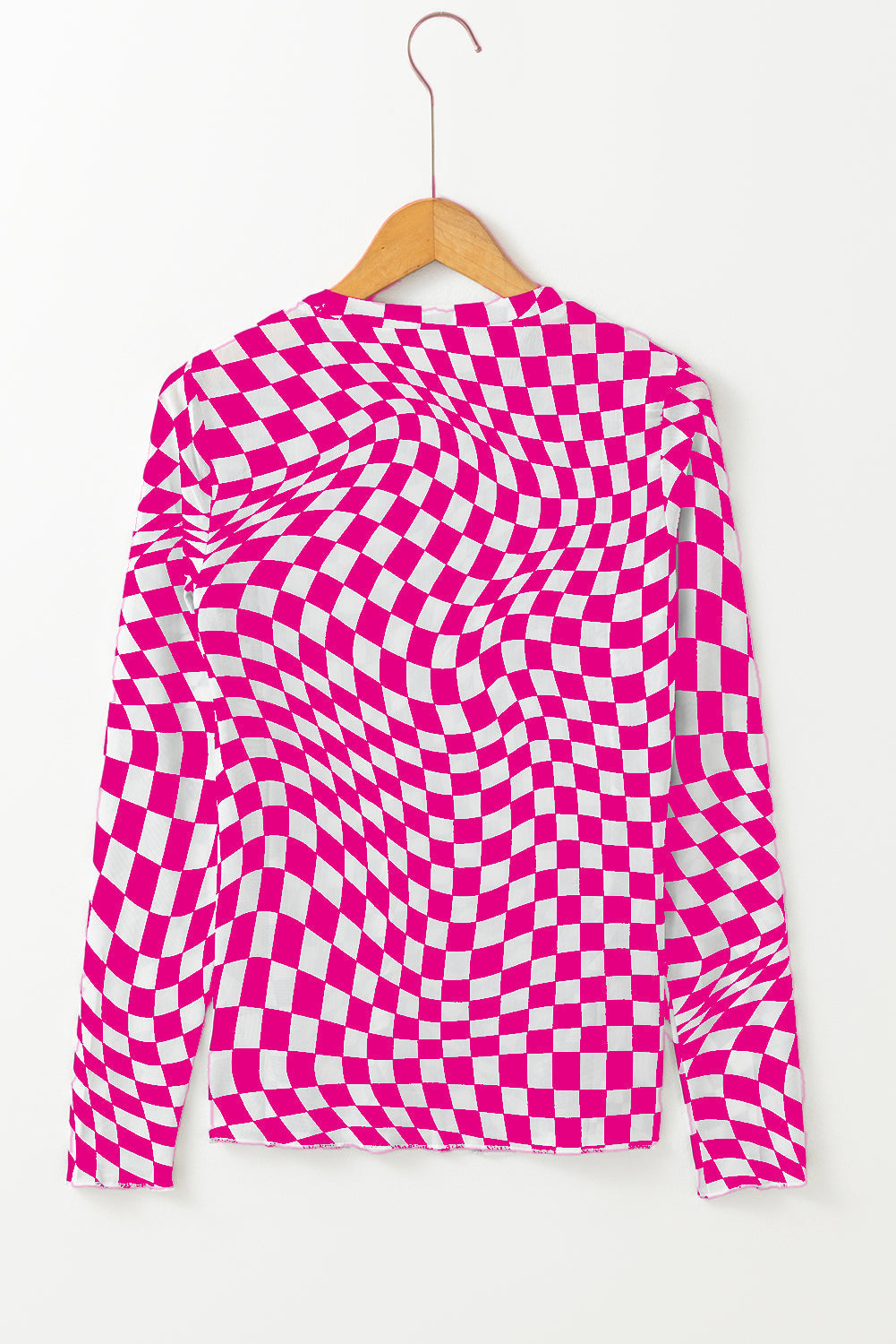 Checker Mesh Mock Neck Long Sleeve Top