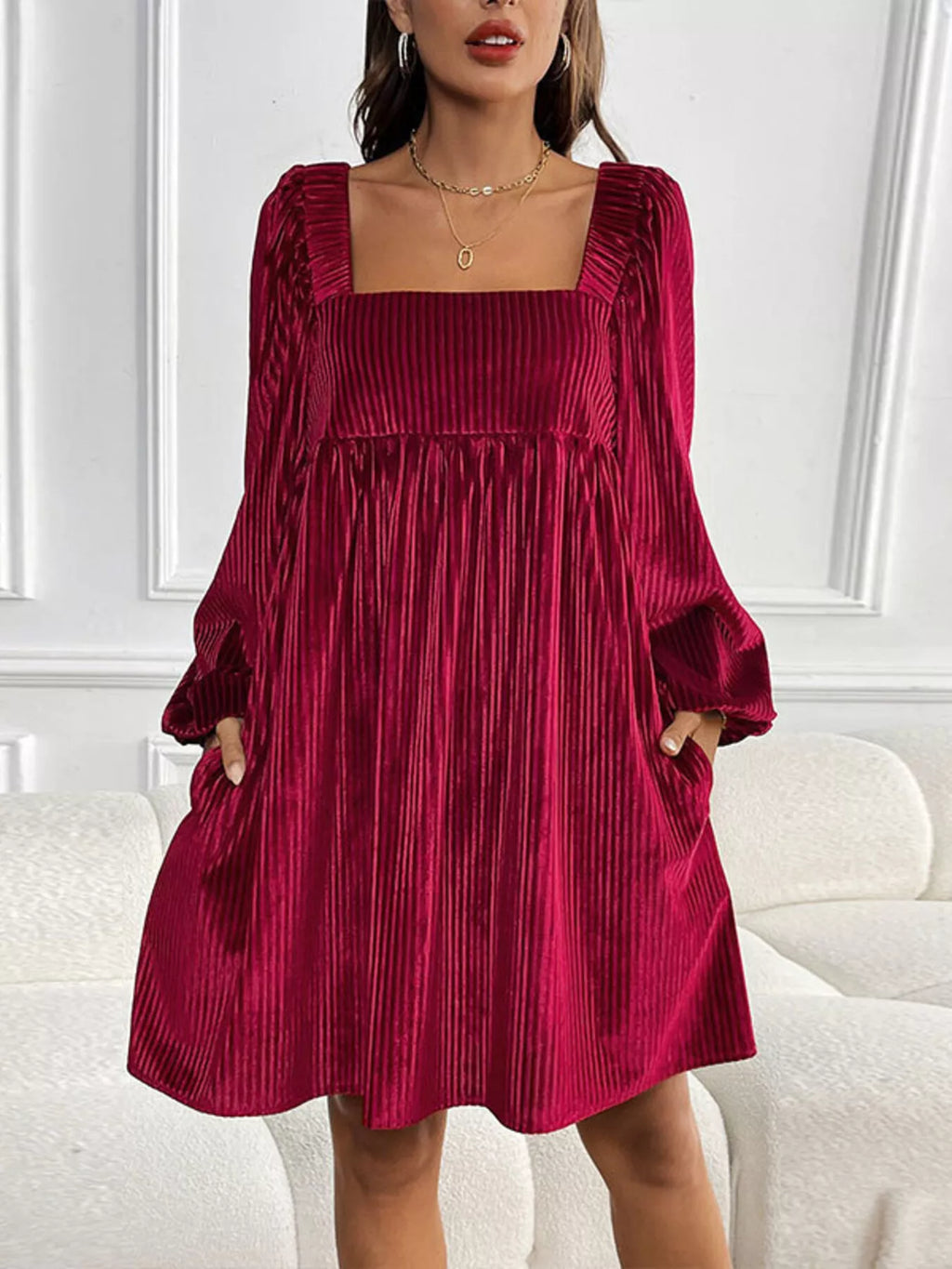 Velvet Square Neck Long Sleeve Dress