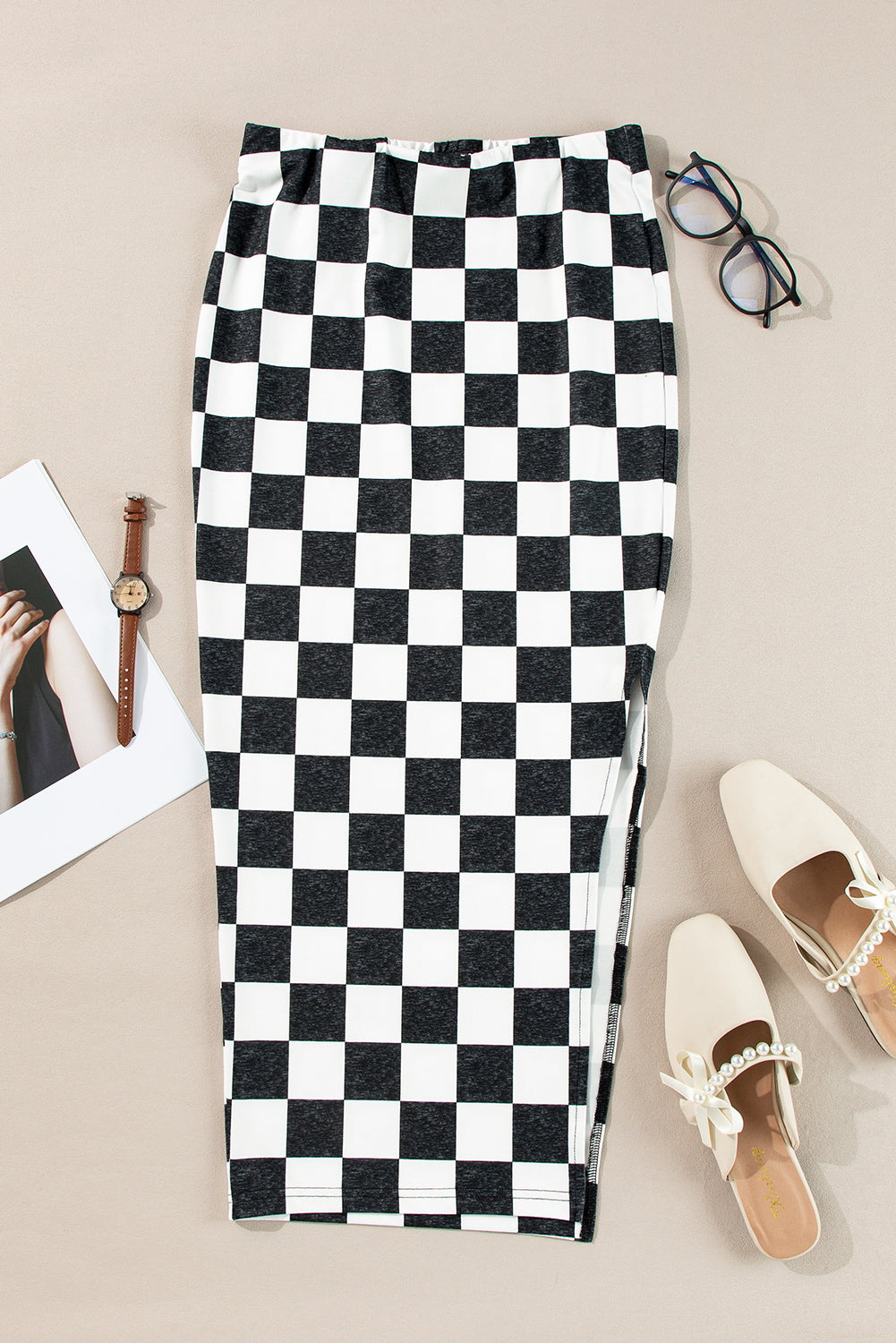 Checker Side Slit High Waist Midi Skirt