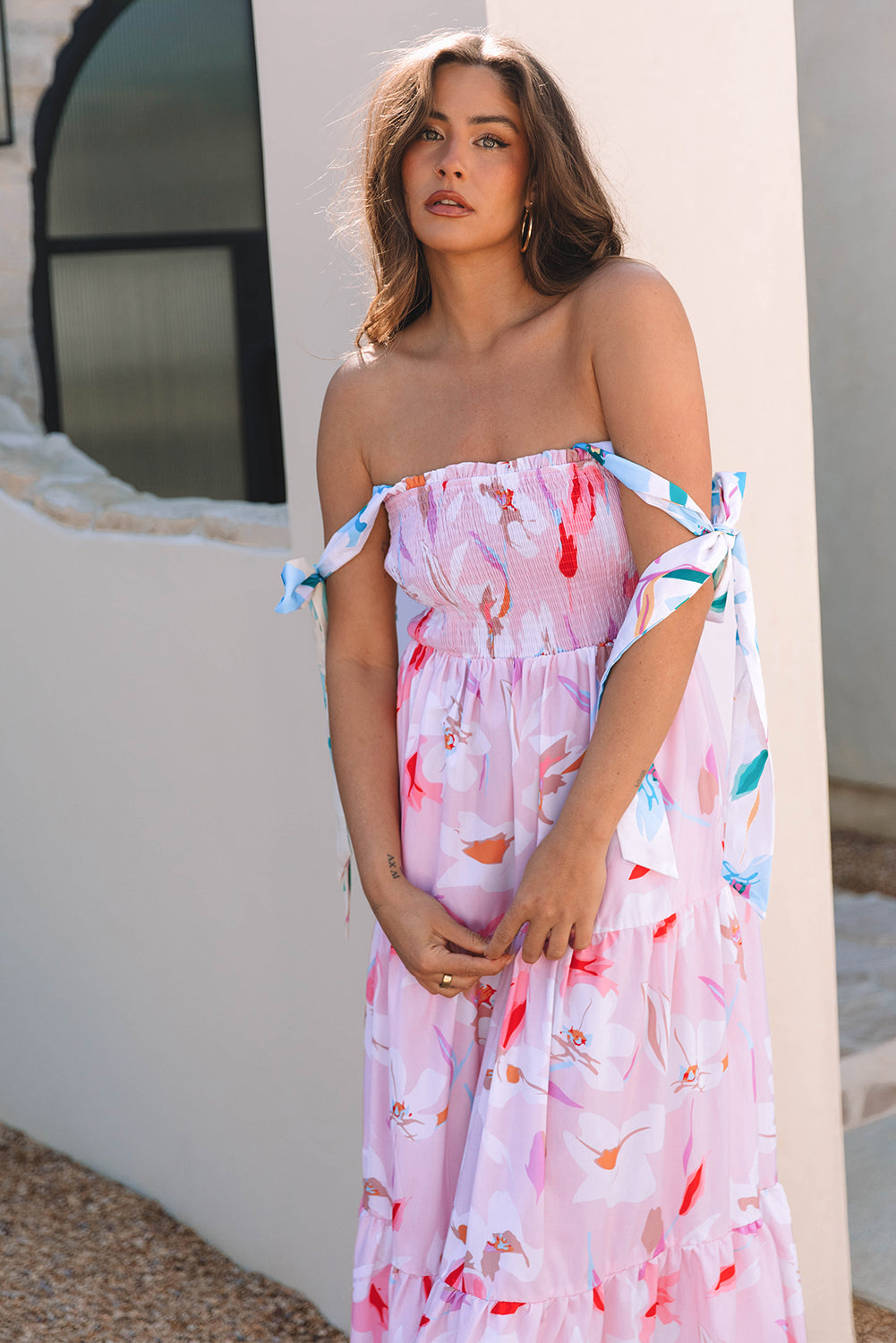 Floral Knotted Shoulder Smocked Maxi Dress
