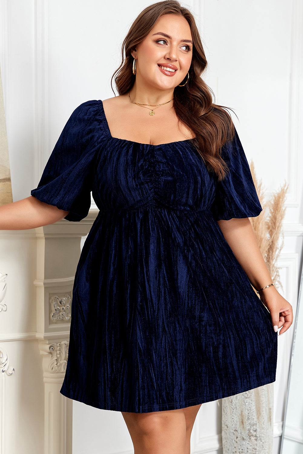 Plus Size Ruched Velvet Puff Sleeve Mini Dress