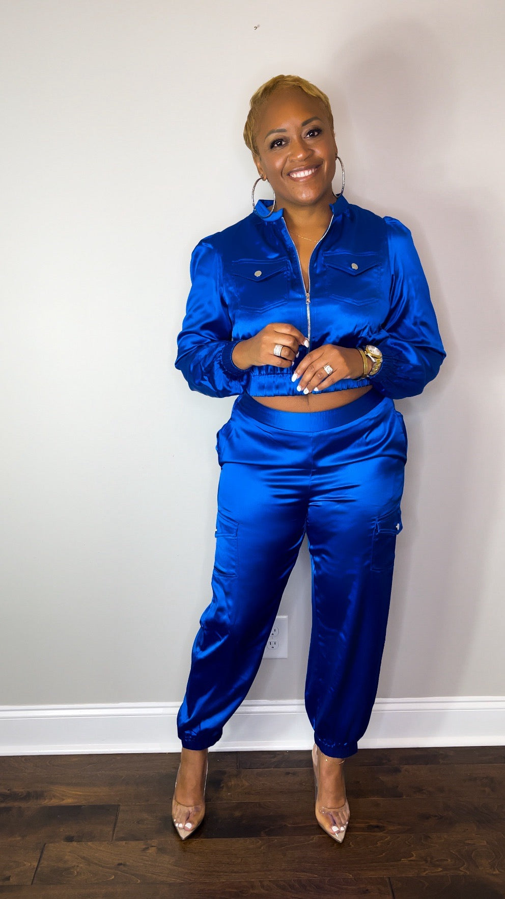 Blue Satin Cargo Jogger Set