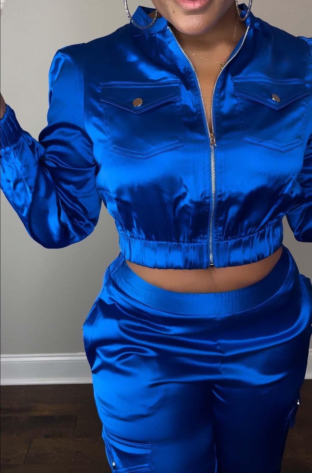 Blue Satin Cargo Jogger Set