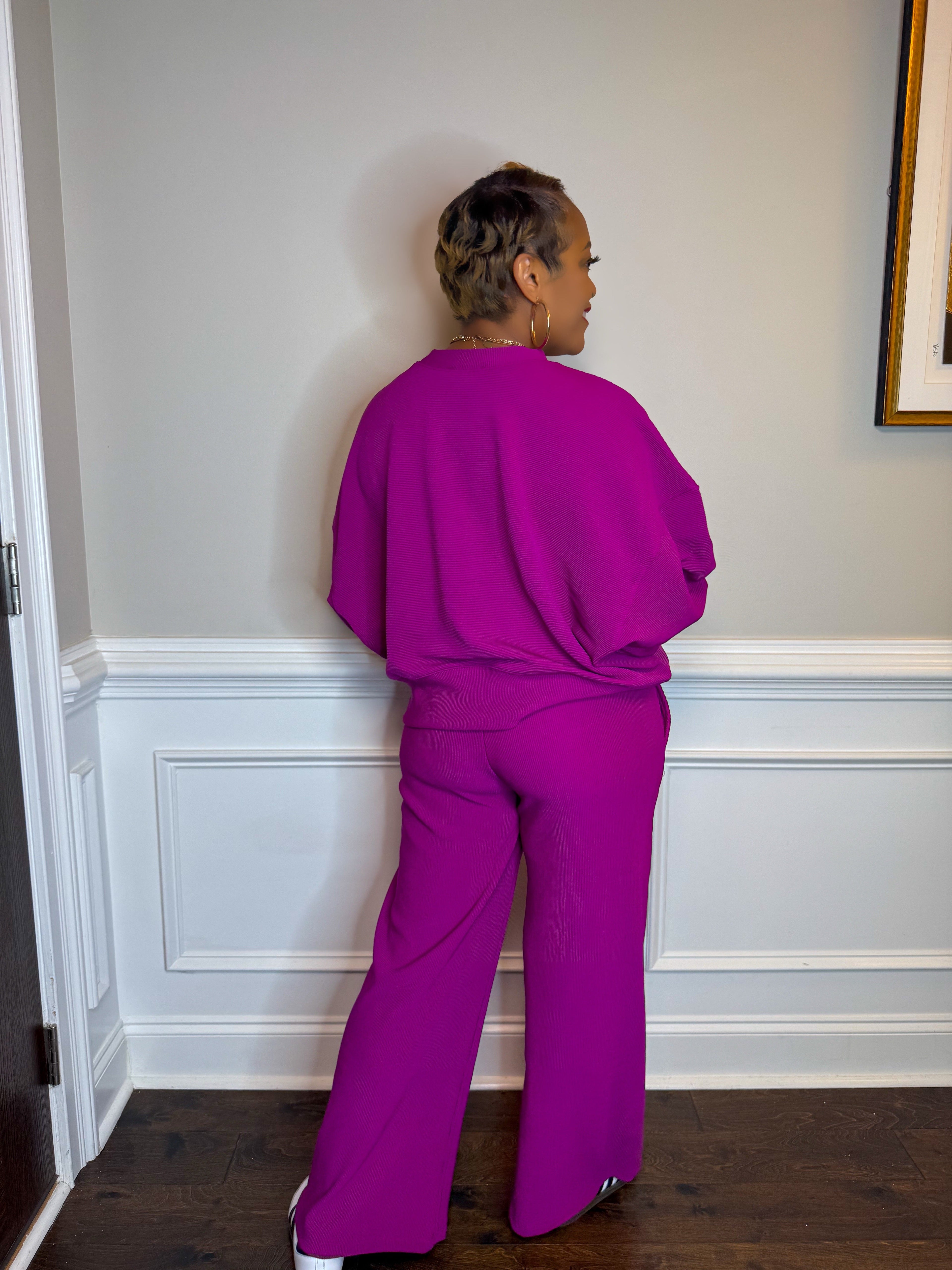 Light Plum Ribbed Lounge Set | Oversized Top & Wide Leg Pants