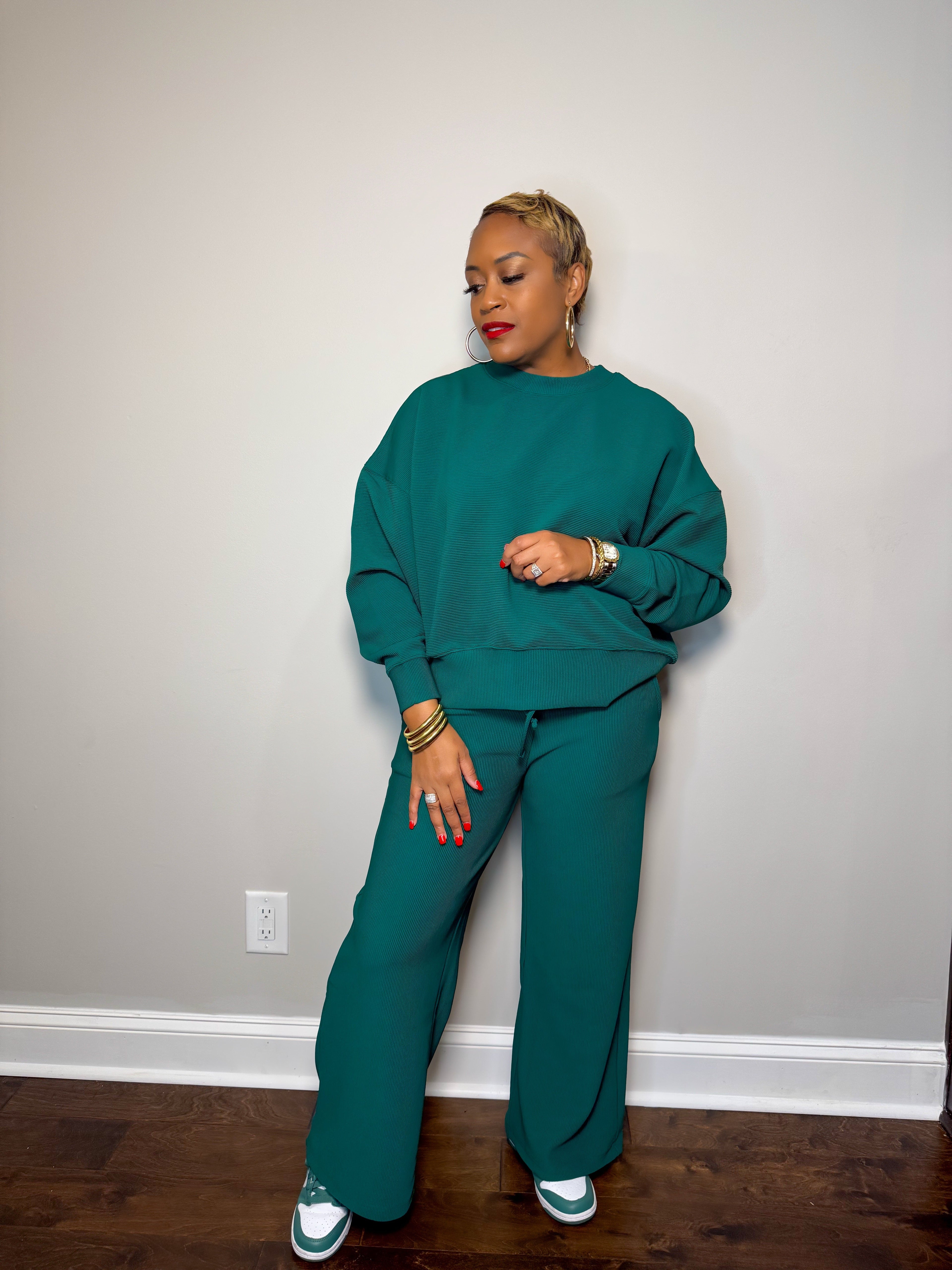 Hunter Green Ribbed Lounge Set | Oversized Top & Wide Leg Pants
