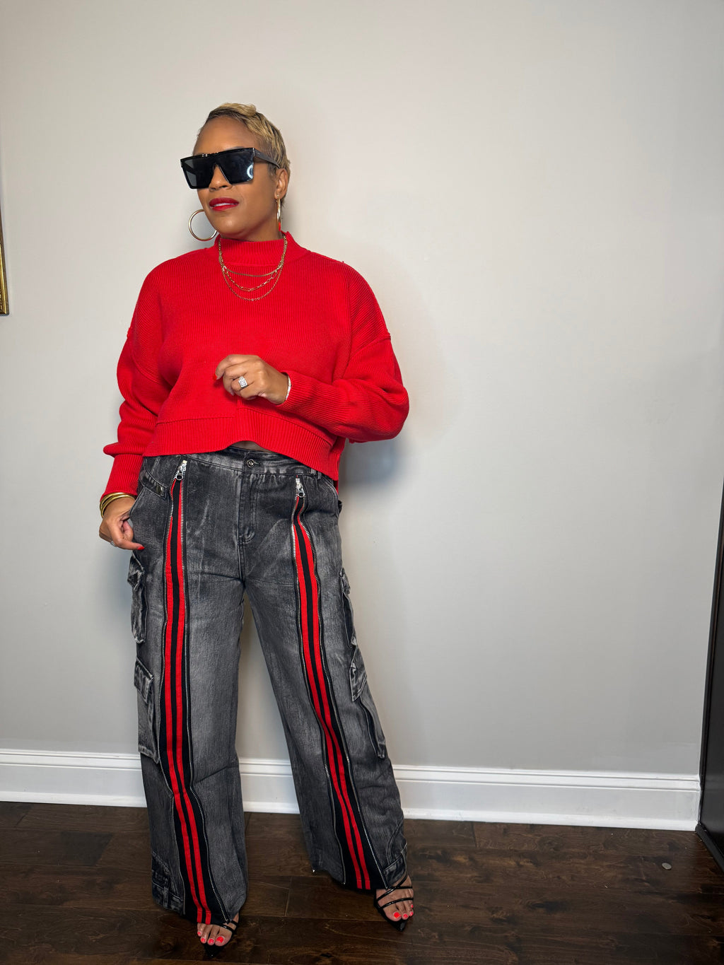 Black & Red Retro Front-Zip Baggy Denim Jeans