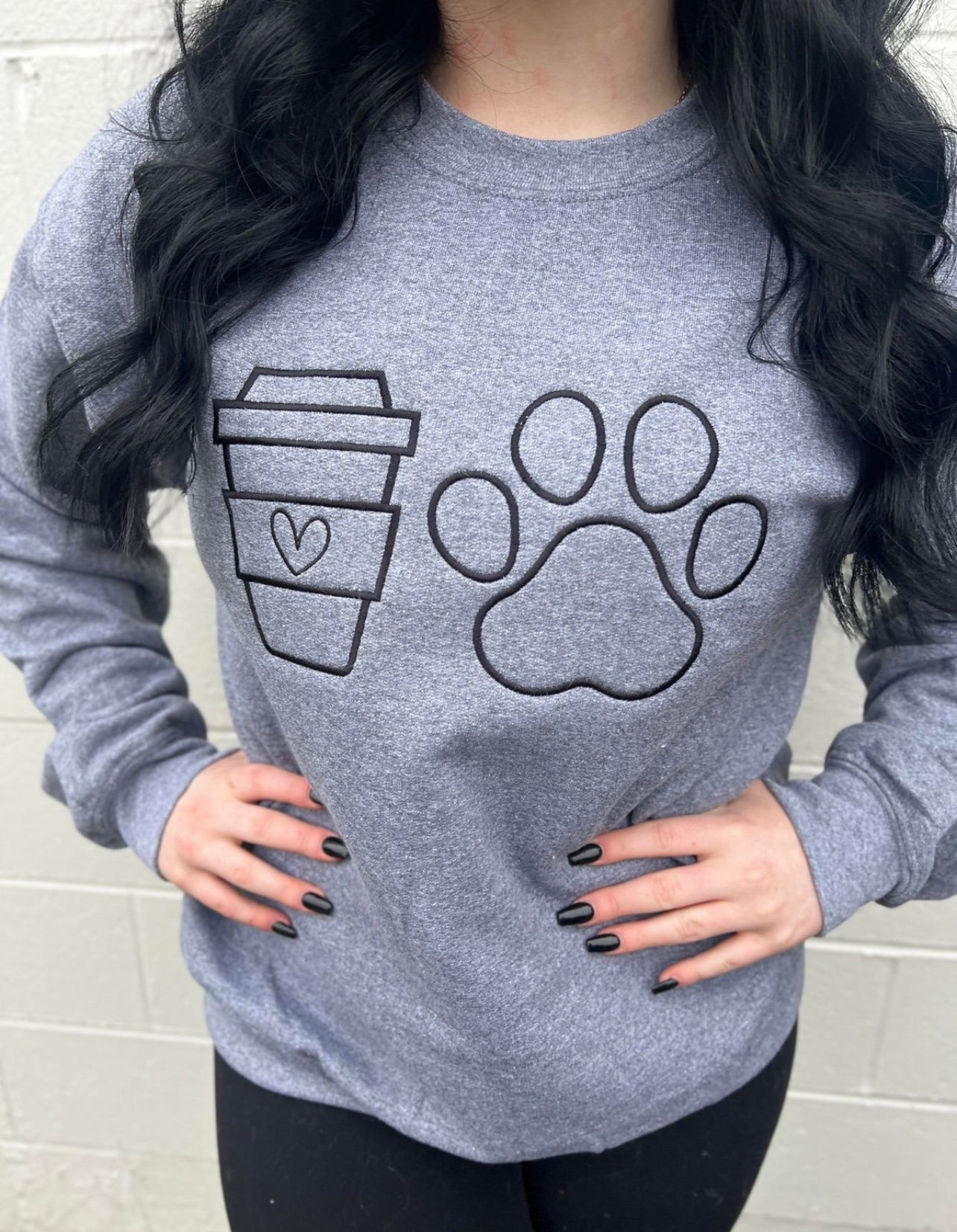 Coffee + Dogs embroidered grey sweatshirt
