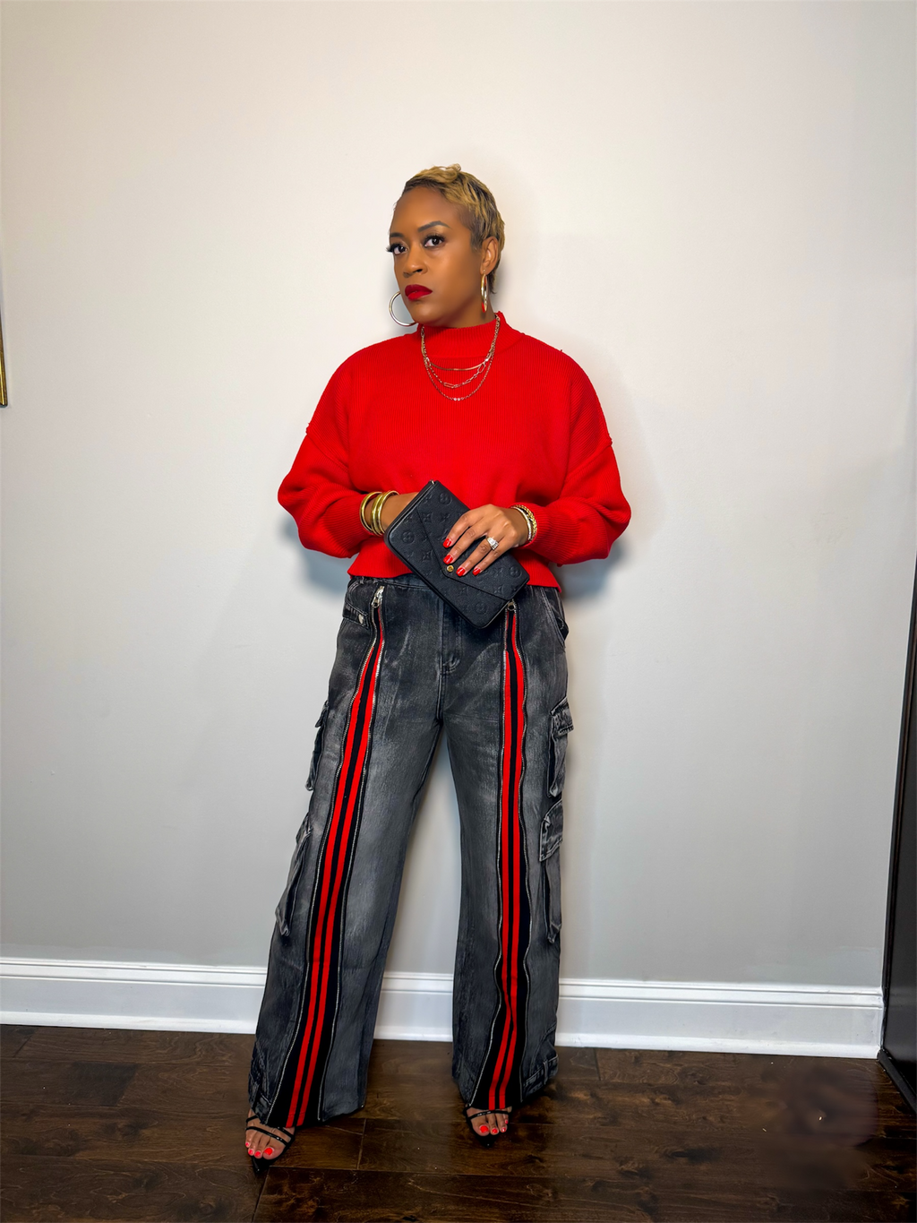 Black & Red Retro Front-Zip Baggy Denim Jeans