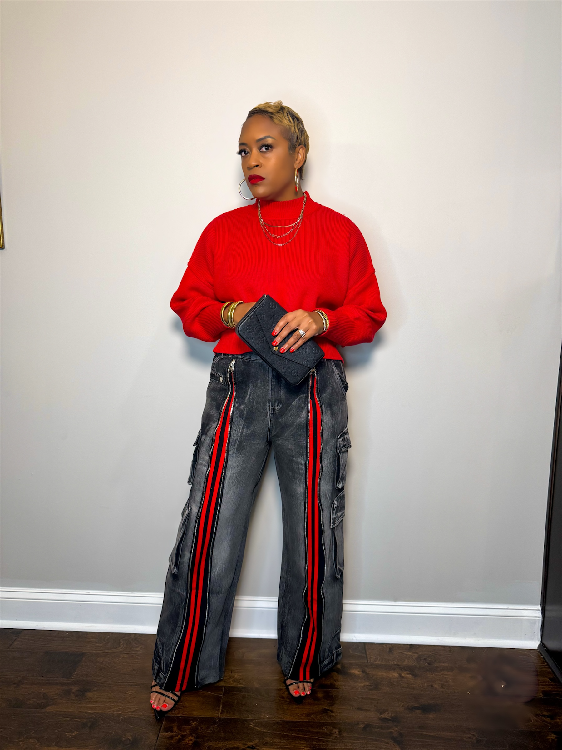 Black & Red Retro Front-Zip Baggy Denim Jeans