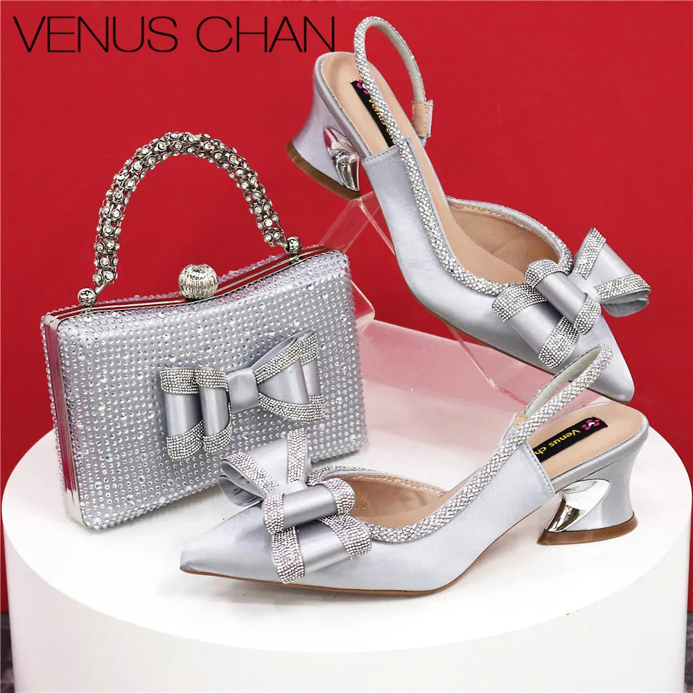 Med Heel Shoes for Women Italian Design Shoes and Bag Set