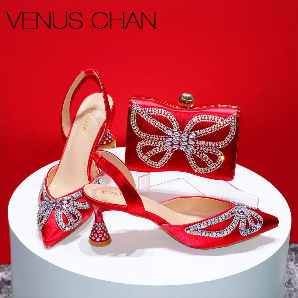 Design Diamond-Encrusted Bag And Pointed High-Heeled Shoes