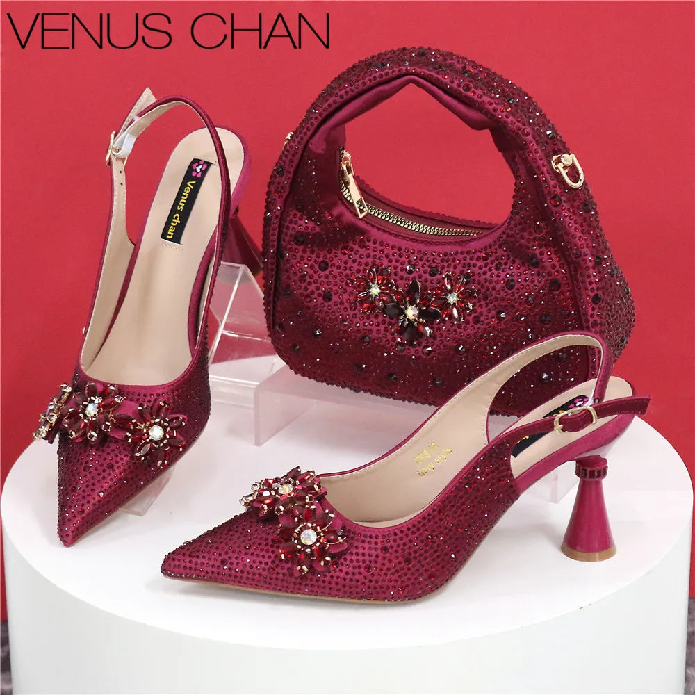 Popularity Pointed Toe High Heels Shoes and Bags Set With Rhinestone