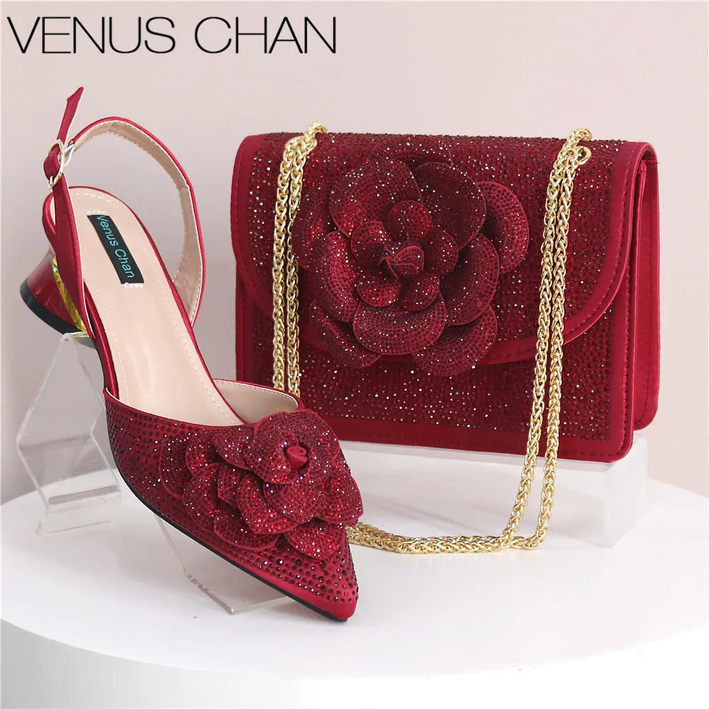Elegant Lady Shoes And Bag Set with Rhinestone Pearls-knot