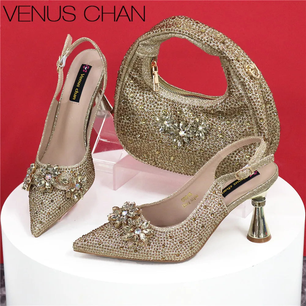 Popularity Pointed Toe High Heels Shoes and Bags Set With Rhinestone