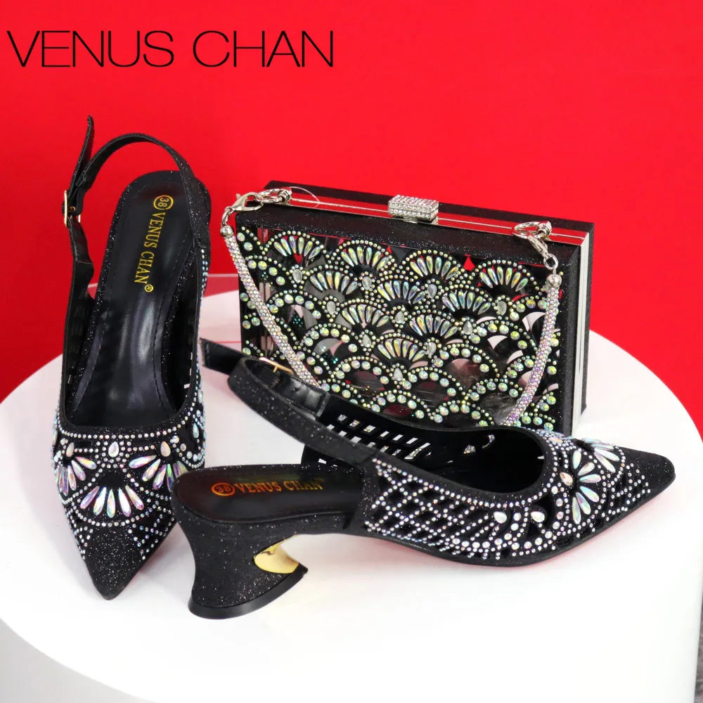 Italian Design Slope Heel Sequin Elegant Ladies Shoes and Bag Set