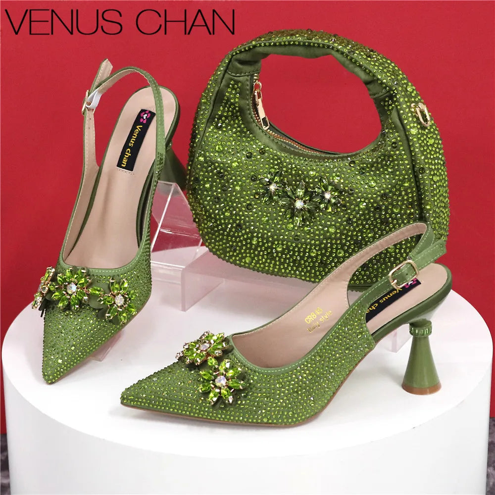 Popularity Pointed Toe High Heels Shoes and Bags Set With Rhinestone
