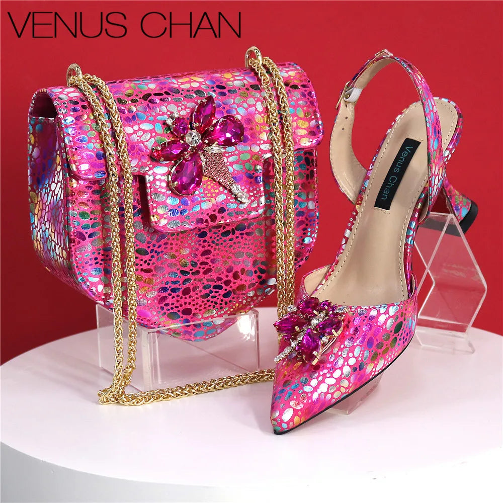 New Heels Pointed Toe Design Ladies Shoes Matching Bag Set