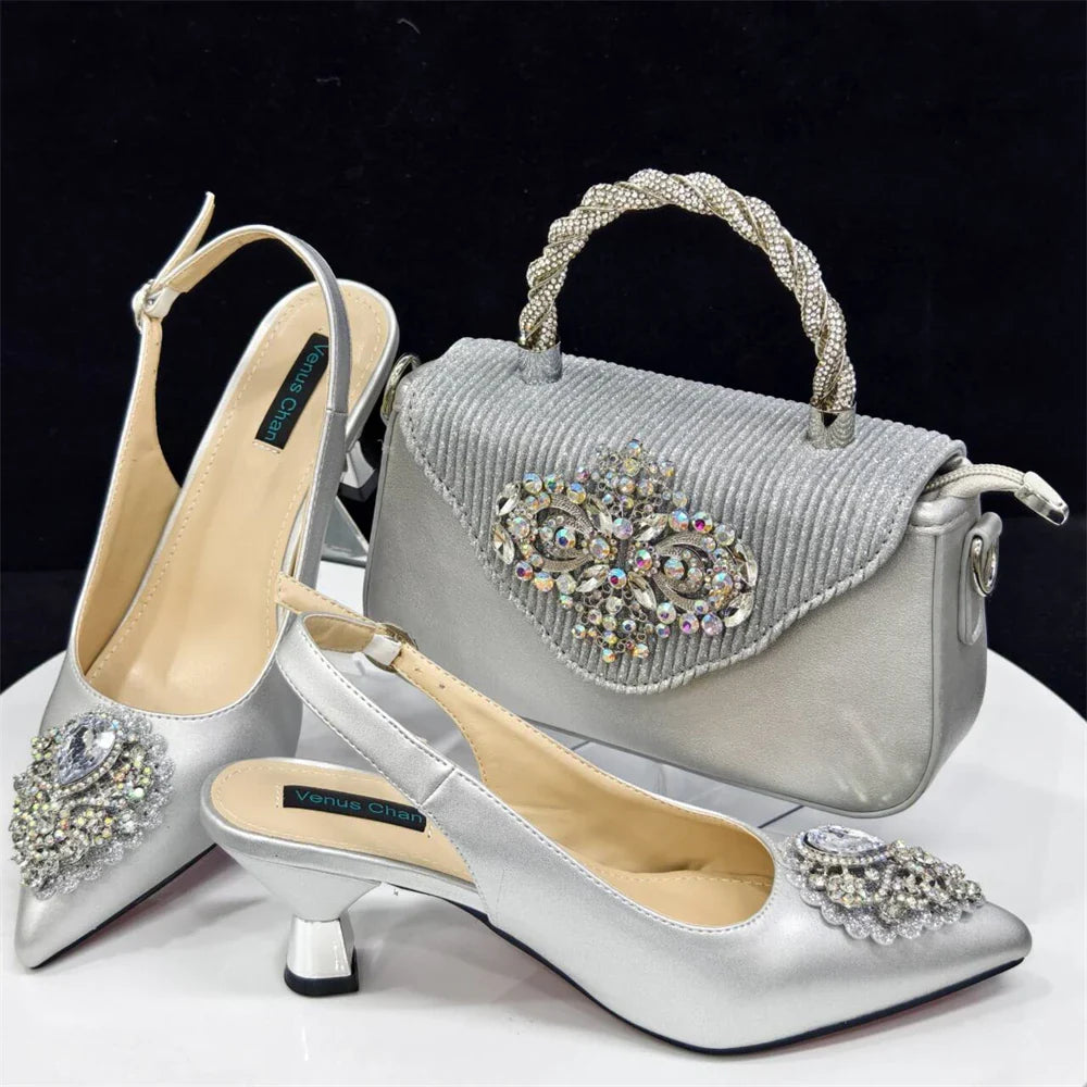 Women's Crystal Pointed High Heels Shoe Bag Set