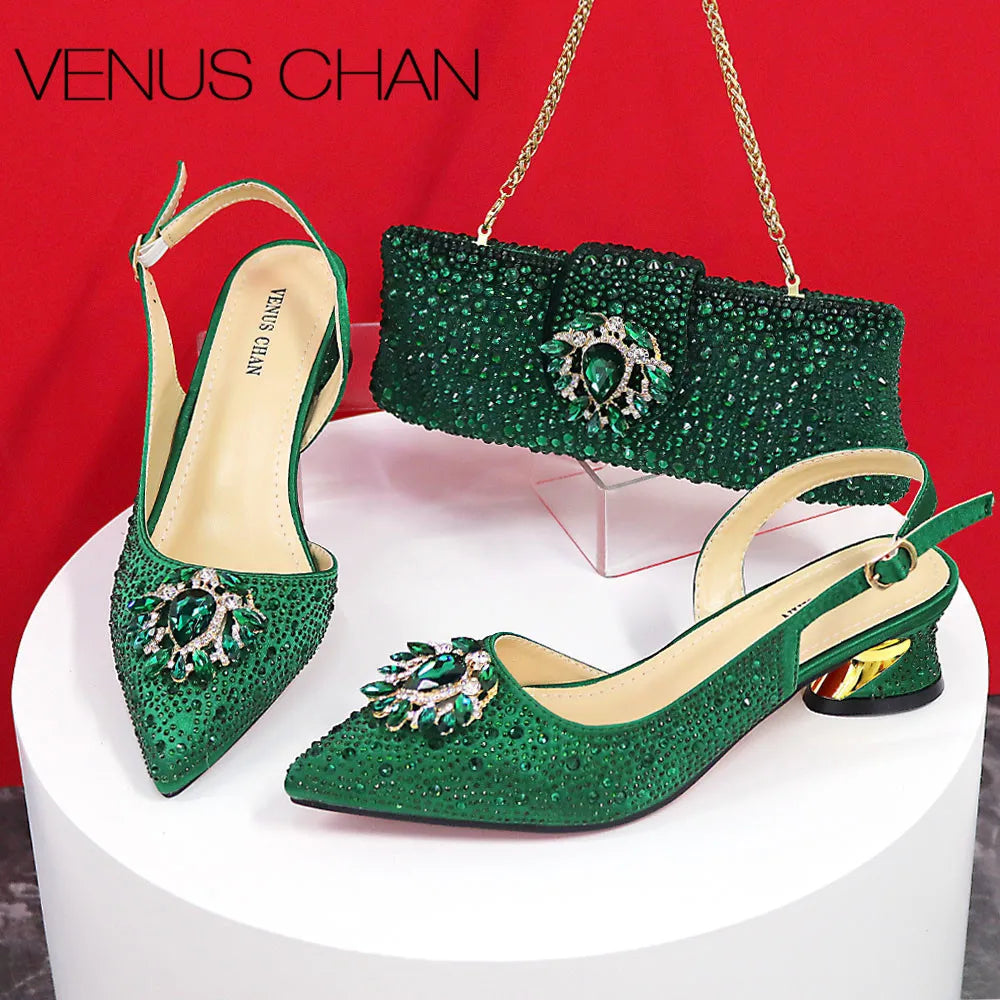 Design Pointed Toe Thin Heels Ladies Shoes Matching Bag Set