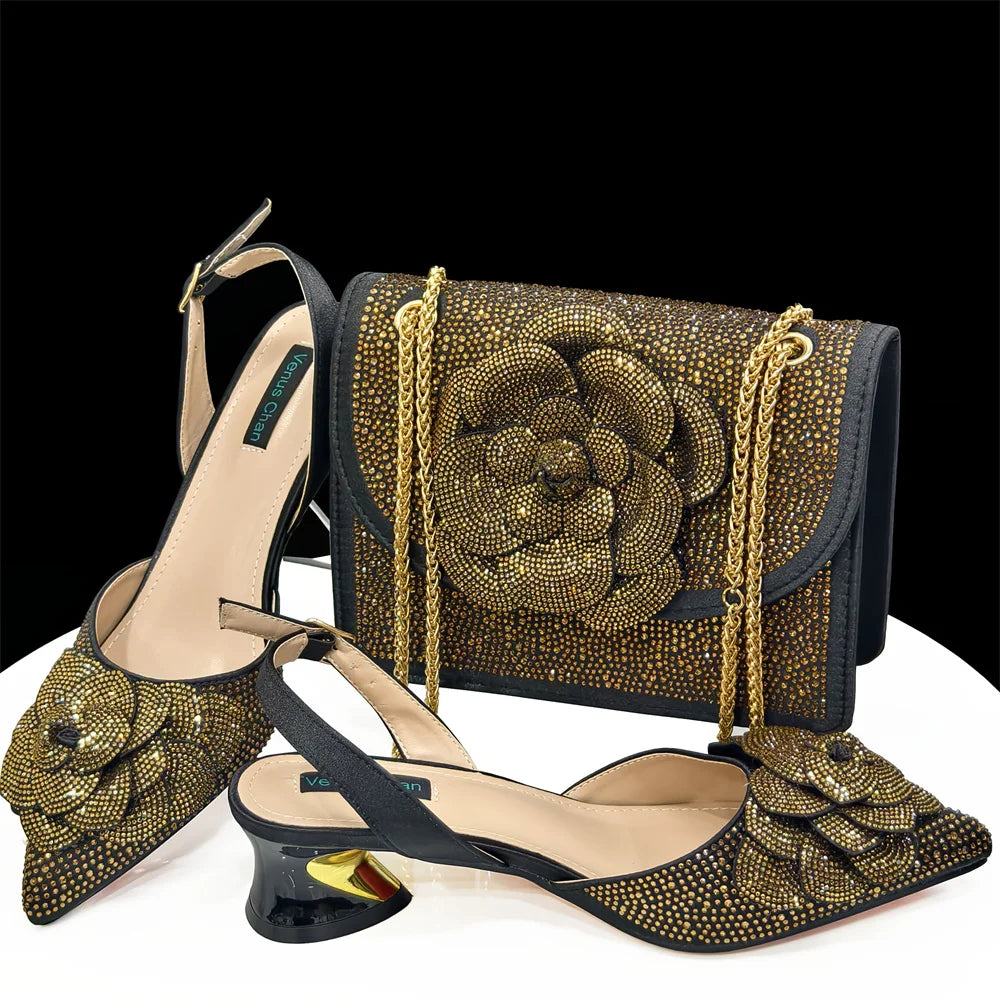 Italian Shoes And Bag Sets With Stones gold HDF1-3