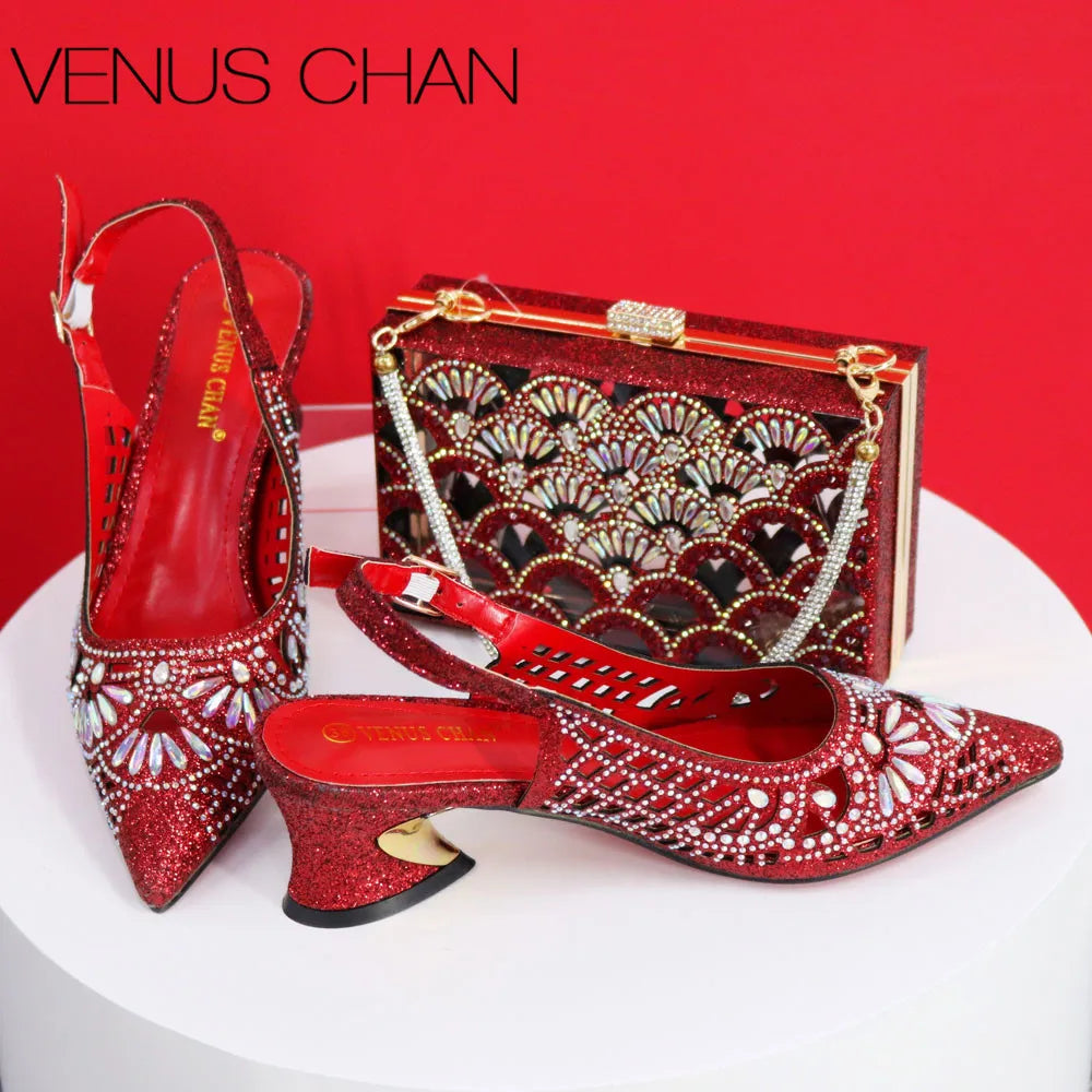 Italian Design Slope Heel Sequin Elegant Ladies Shoes and Bag Set