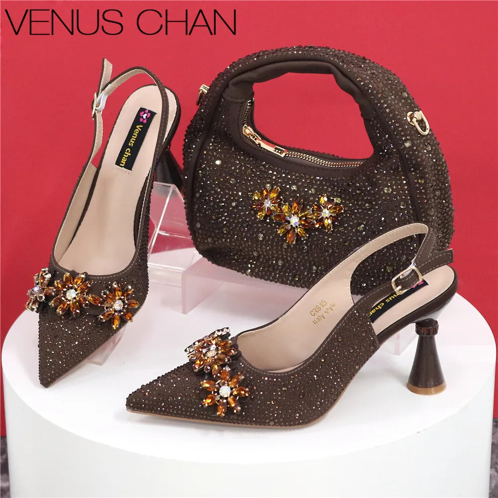 Popularity Pointed Toe High Heels Shoes and Bags Set With Rhinestone