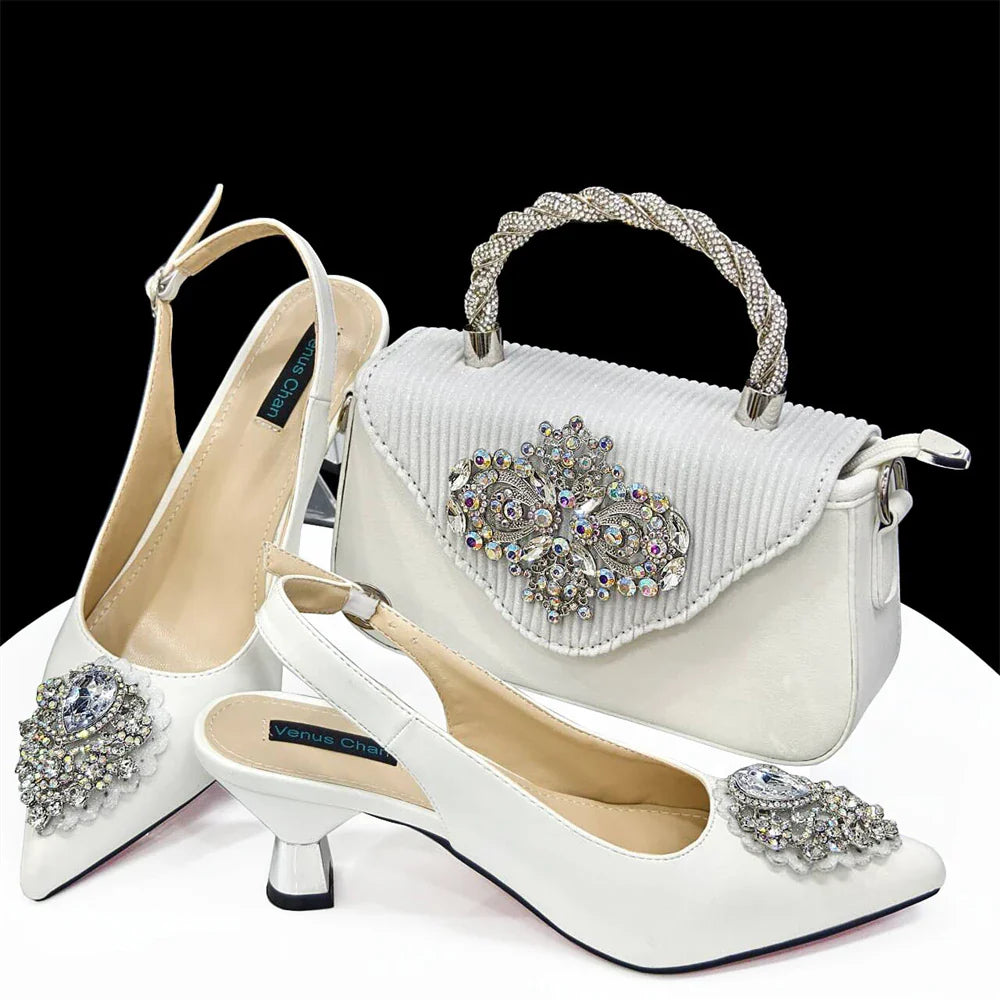 Women's Crystal Pointed High Heels Shoe Bag Set