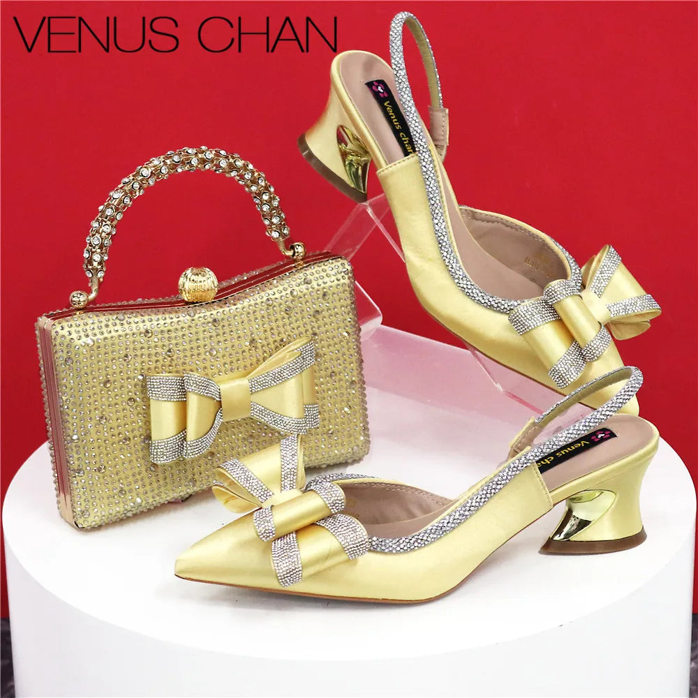 Med Heel Shoes for Women Italian Design Shoes and Bag Set