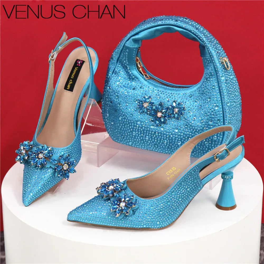 Popularity Pointed Toe High Heels Shoes and Bags Set With Rhinestone
