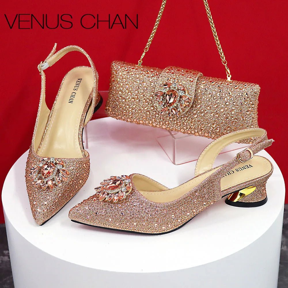 Design Pointed Toe Thin Heels Ladies Shoes Matching Bag Set