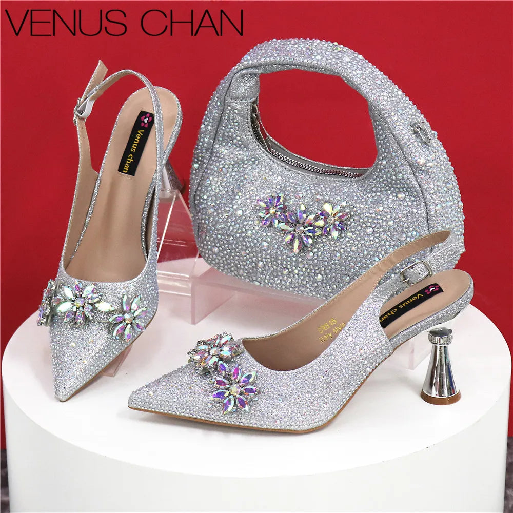 Popularity Pointed Toe High Heels Shoes and Bags Set With Rhinestone