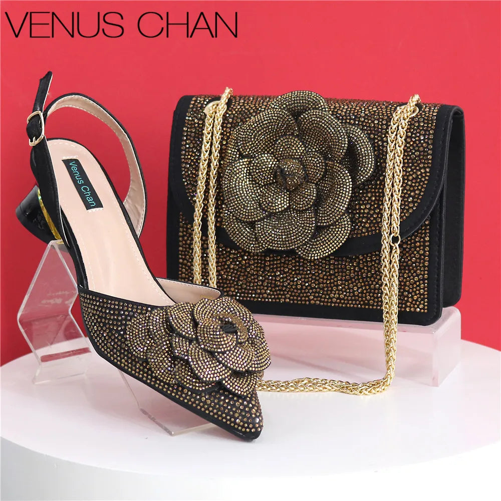 Elegant Lady Shoes And Bag Set with Rhinestone Pearls-knot