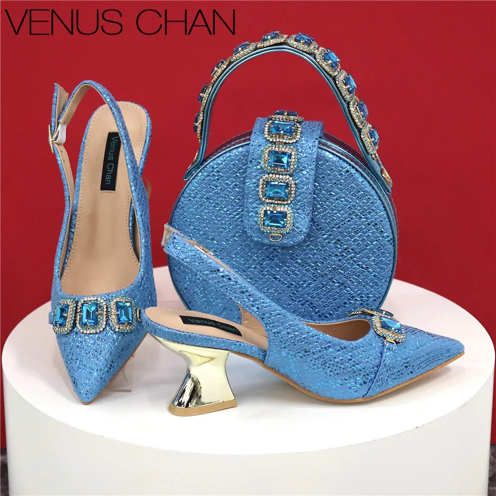 Newest Style Teal Sky Color Platform Shoes Matching Bag Set