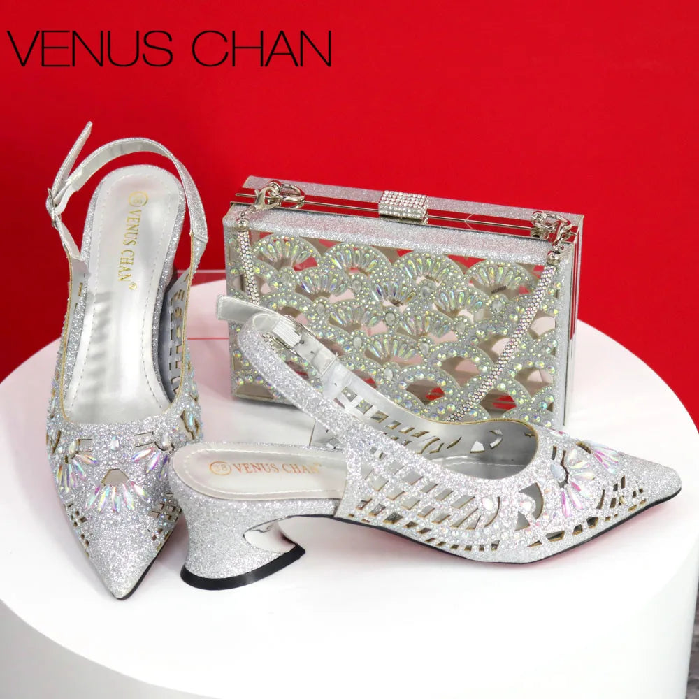 Italian Design Slope Heel Sequin Elegant Ladies Shoes and Bag Set