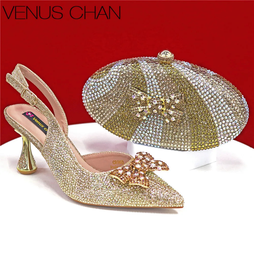 High Quality Rhinestone Heels Shoes and Blue Mini Bag