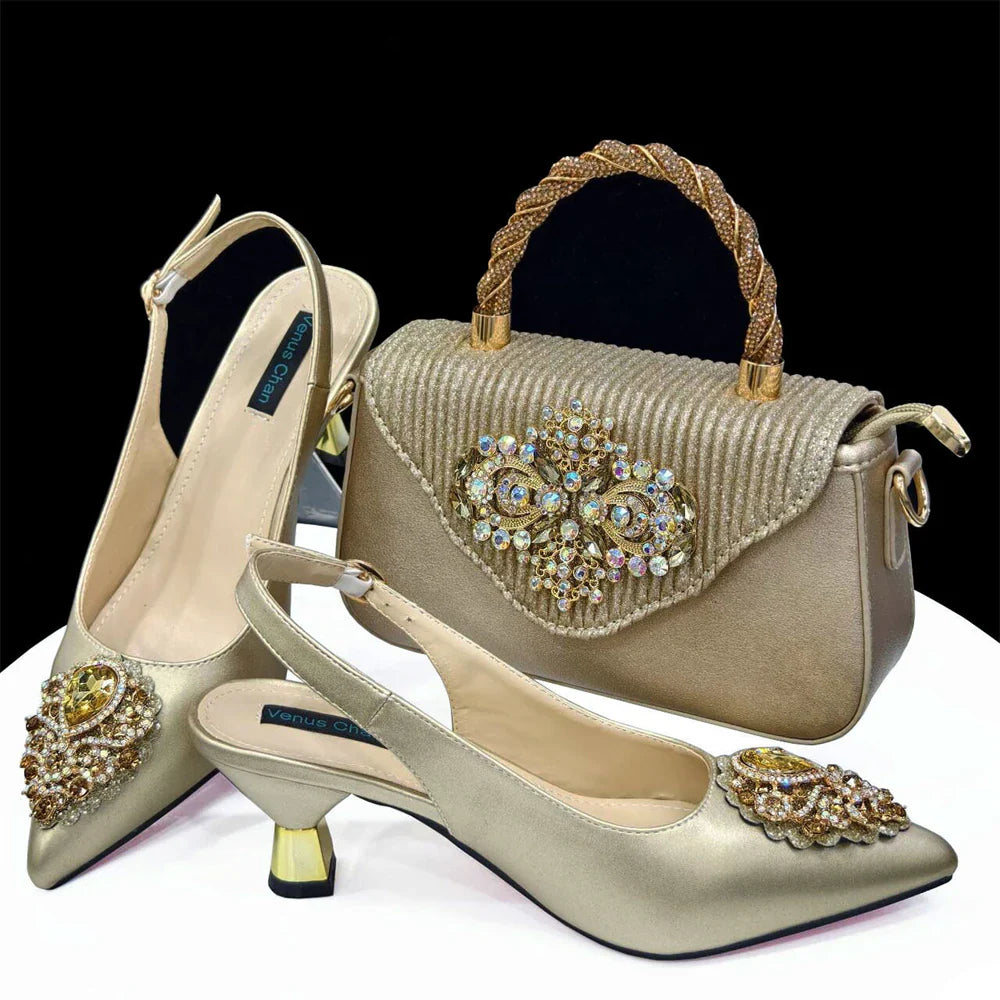 Women's Crystal Pointed High Heels Shoe Bag Set