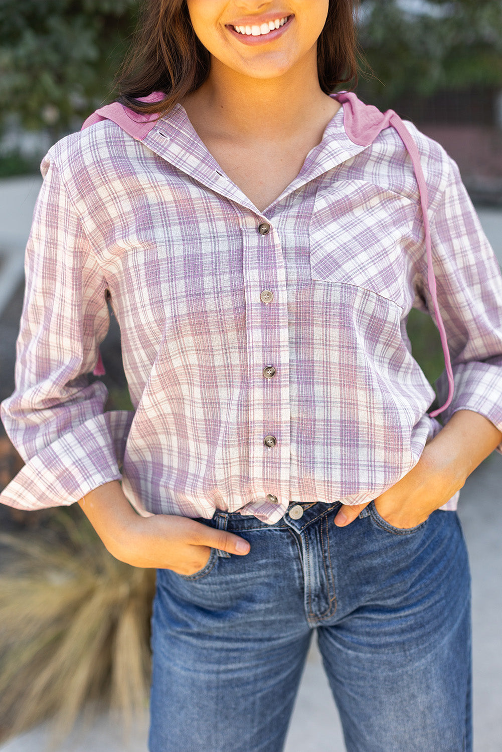 Checker Button-Up Chest Pocket Hooded Shacket