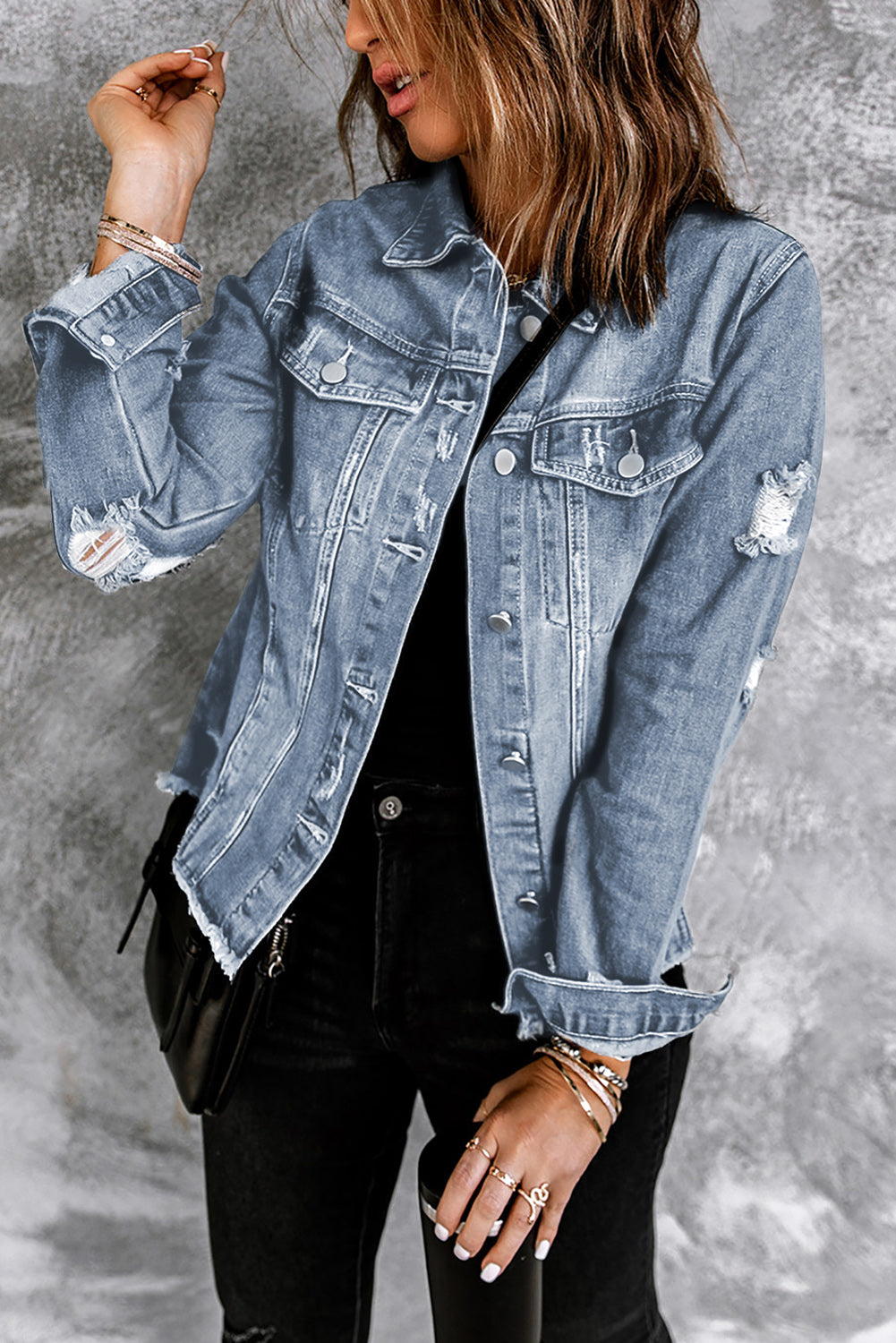 Denim Lapel Distressed Raw Hem Buttoned Jacket