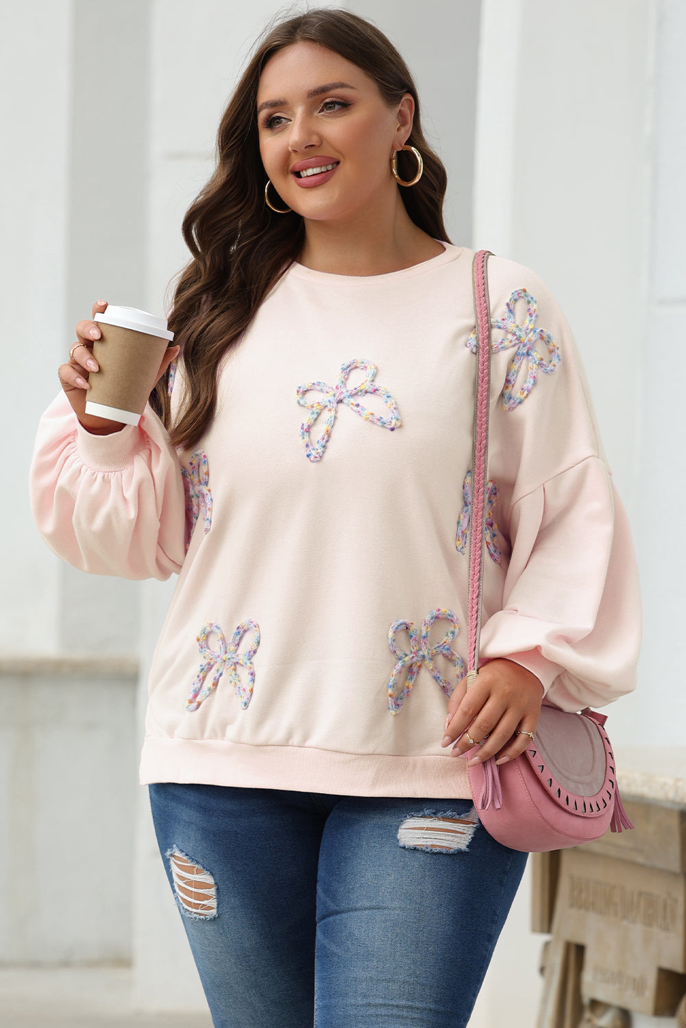 Bow Embroidered Lantern Sleeve Sweatshirt