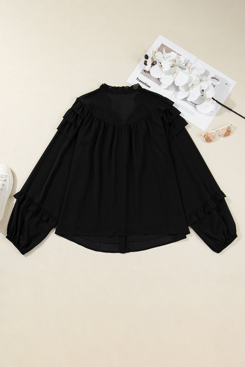Plus Size Ruffle Balloon Sleeve Chiffon Shirt