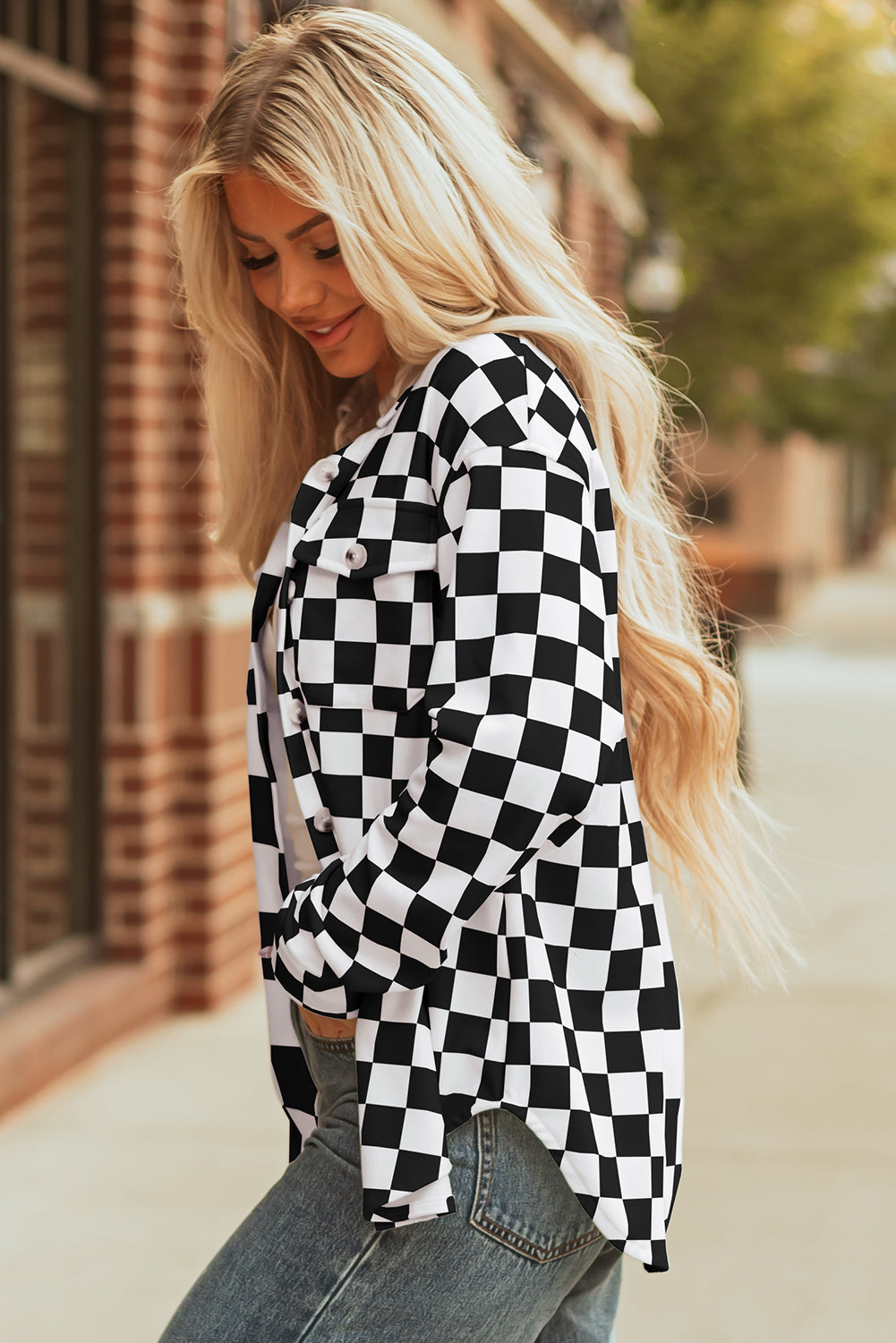 Checker Flap Pocket Button Front Shacket