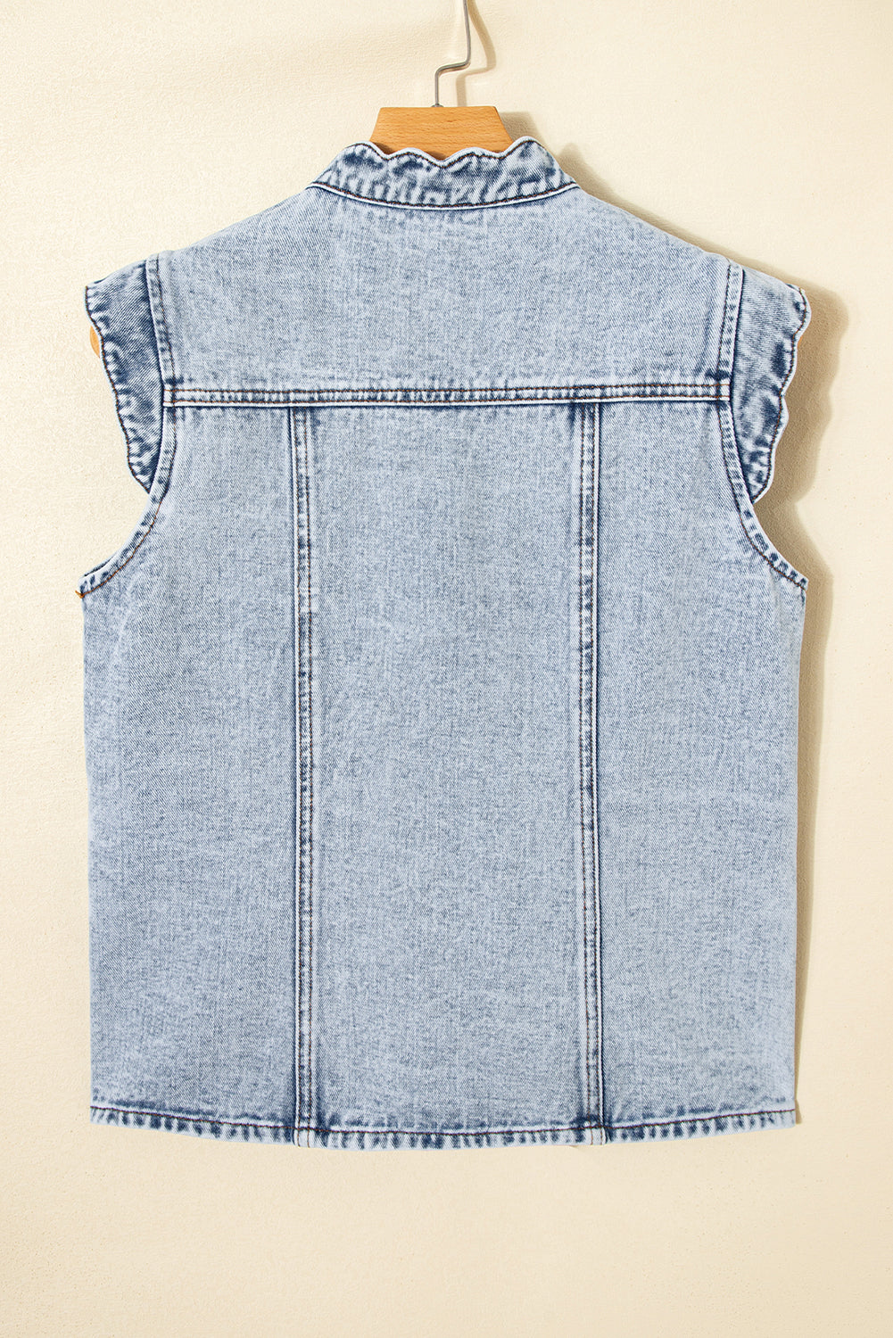 Denim Button-Front Scallop Trim Patch Pocket Vest