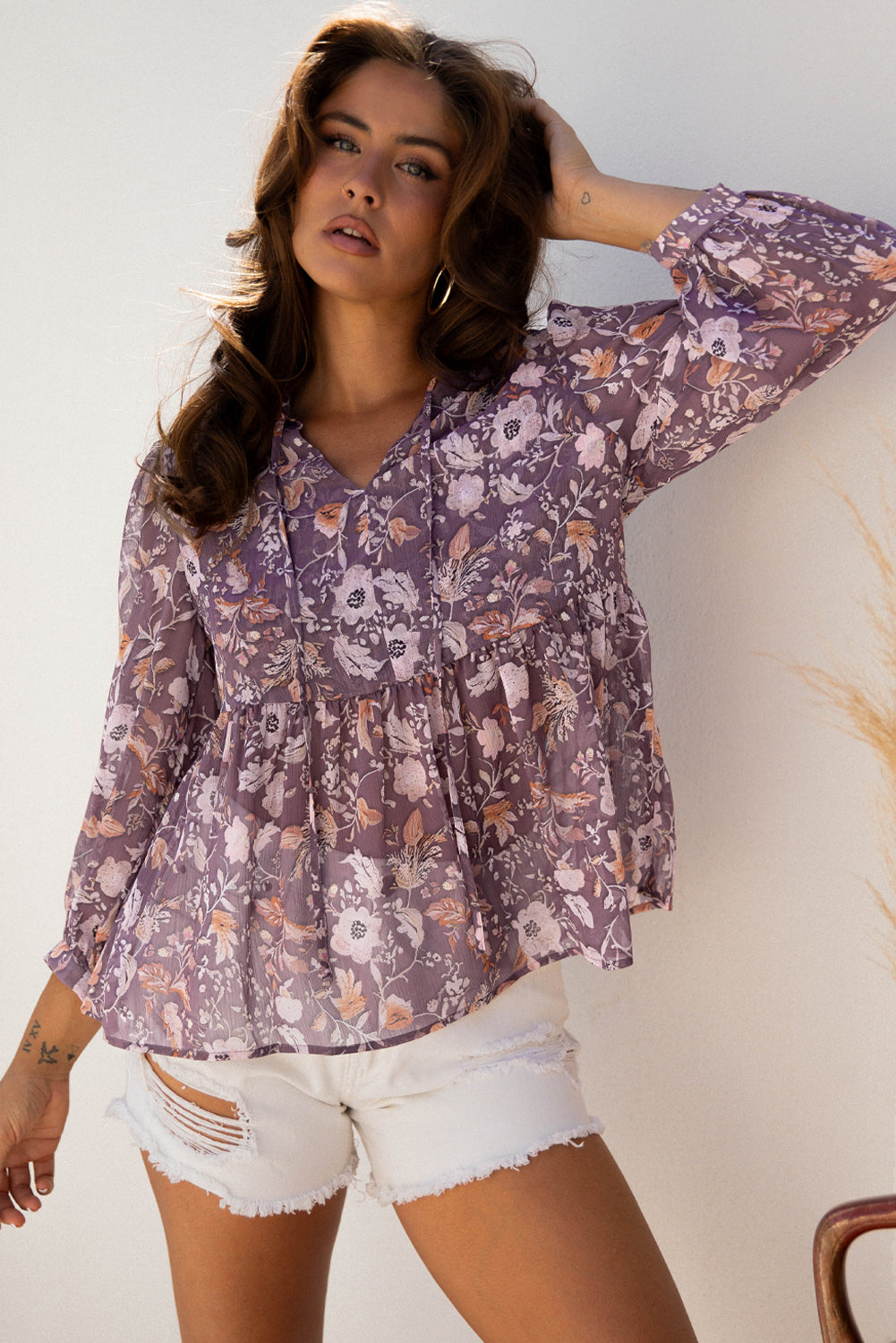 Boho Floral 3/4 Sleeve Babydoll Blouse