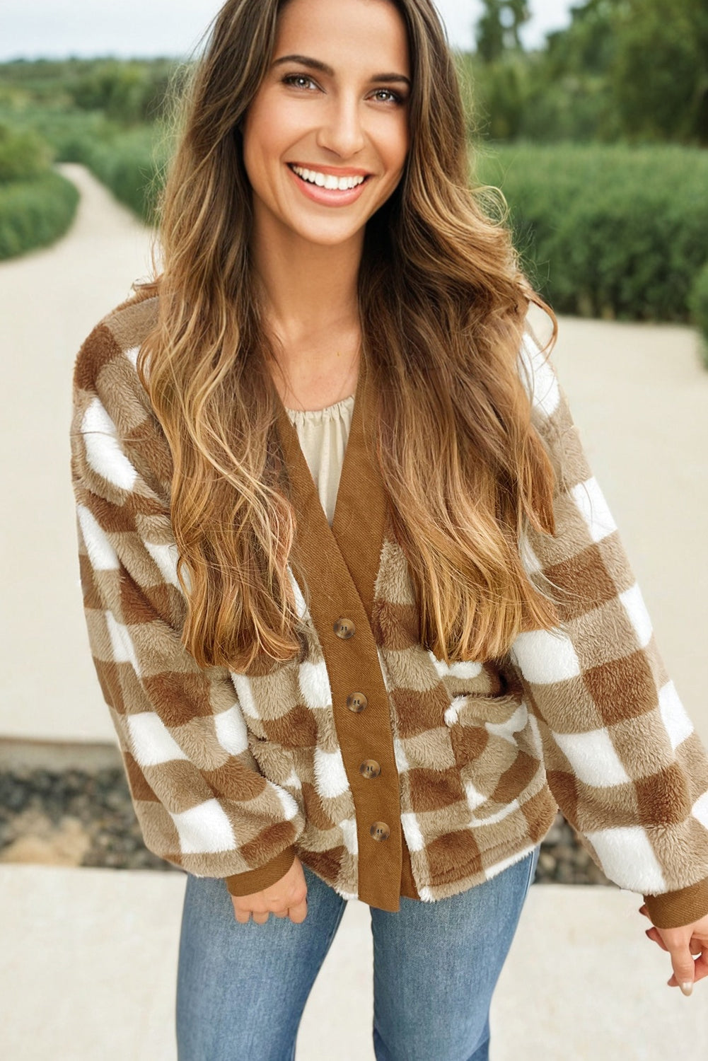 Checker Sherpa Button-Up Pocketed Cardigan